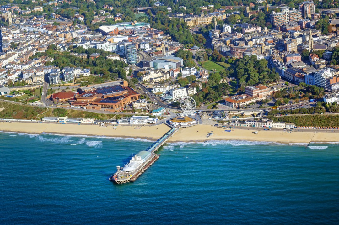 An aerial view of the Bournemouth town center encompassing the glorious beach, and BH2 entertainment complex